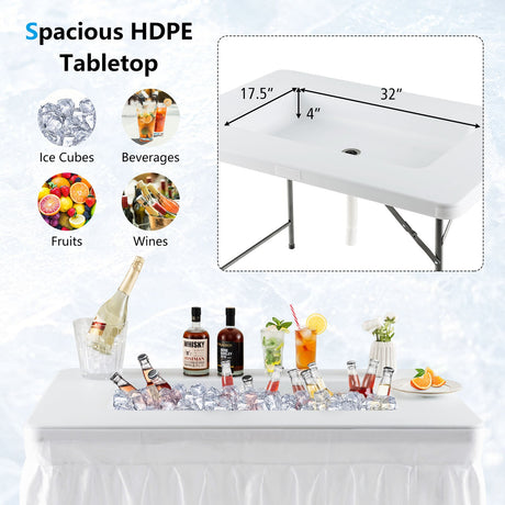 Mesa plegable de 4 pies con cubeta para hielo y faldón para acampada, pícnic, boda, con cubeta para hielo-Blanco