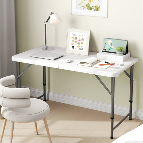 Mesa de camping portátil de 4 pies con tablero de HDPE y patas de metal - Blanca