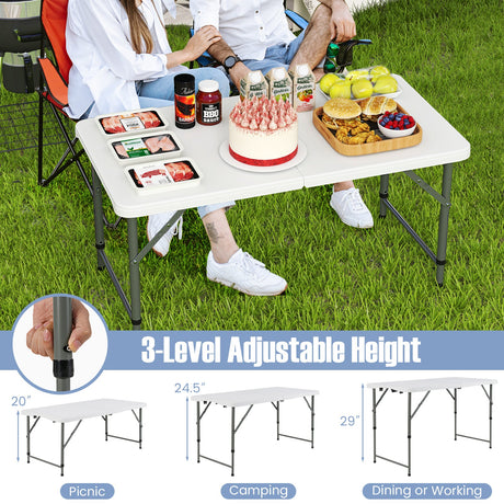 Mesa de camping portátil de 4 pies con tablero de HDPE y patas de metal - Blanca
