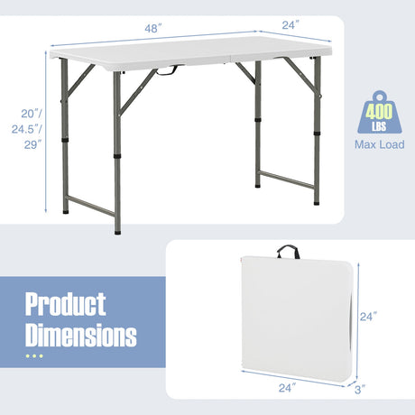 Mesa de camping portátil de 4 pies con tablero de HDPE y patas de metal - Blanca