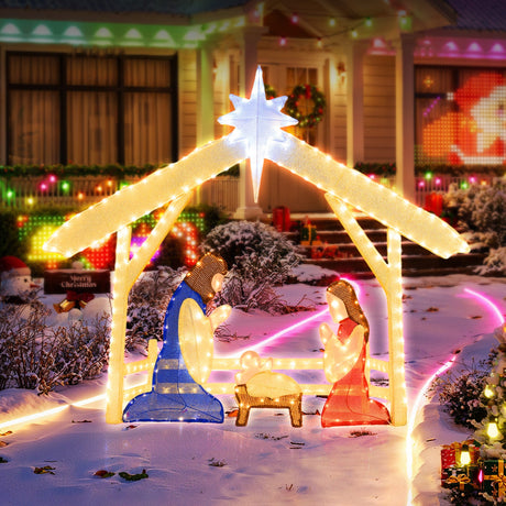 Escena de Nacimiento Iluminada de 4 pies, Juego de la Sagrada Familia Preiluminado de Navidad
