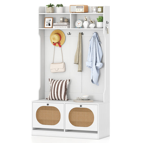 4-In-1 Hall Tree with Coat Rack and Flip Drawers for Entryway Mudroom