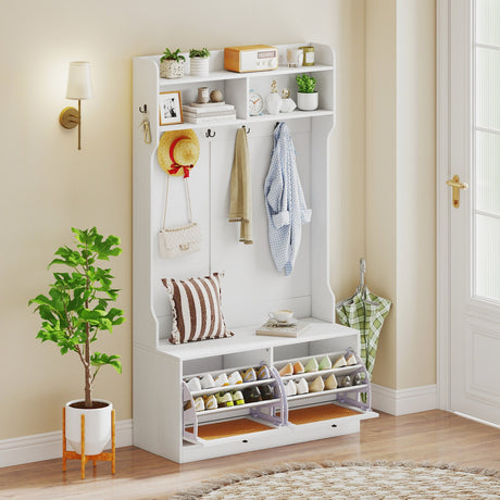 4-In-1 Hall Tree with Coat Rack and Flip Drawers for Entryway Mudroom