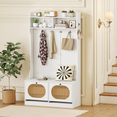 4-In-1 Hall Tree with Coat Rack and Flip Drawers for Entryway Mudroom