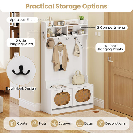 4-In-1 Hall Tree with Coat Rack and Flip Drawers for Entryway Mudroom