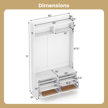 4-In-1 Hall Tree with Coat Rack and Flip Drawers for Entryway Mudroom