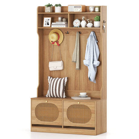 4-In-1 Hall Tree with Coat Rack and Flip Drawers for Entryway Mudroom