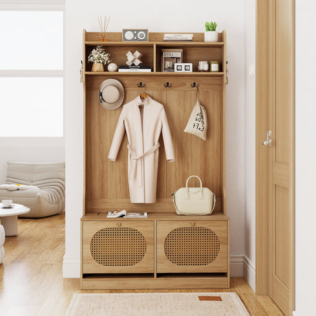 4-In-1 Hall Tree with Coat Rack and Flip Drawers for Entryway Mudroom