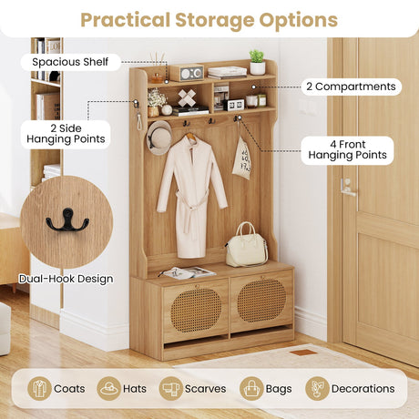 4-In-1 Hall Tree with Coat Rack and Flip Drawers for Entryway Mudroom