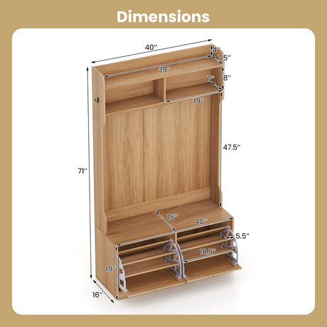 4-In-1 Hall Tree with Coat Rack and Flip Drawers for Entryway Mudroom