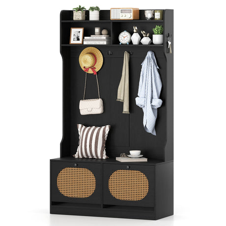4-In-1 Hall Tree with Coat Rack and Flip Drawers for Entryway Mudroom