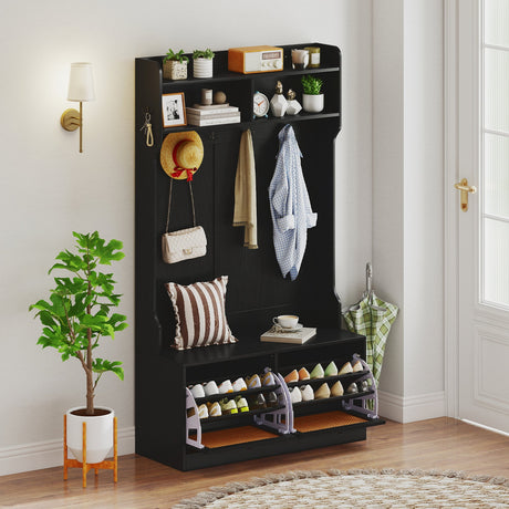 4-In-1 Hall Tree with Coat Rack and Flip Drawers for Entryway Mudroom