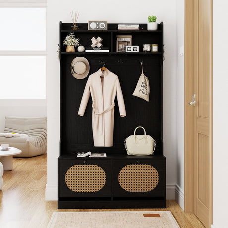 4-In-1 Hall Tree with Coat Rack and Flip Drawers for Entryway Mudroom