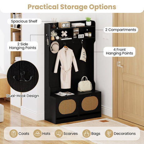 4-In-1 Hall Tree with Coat Rack and Flip Drawers for Entryway Mudroom