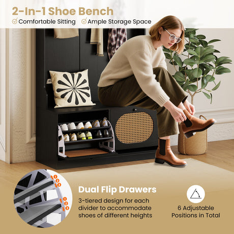 4-In-1 Hall Tree with Coat Rack and Flip Drawers for Entryway Mudroom