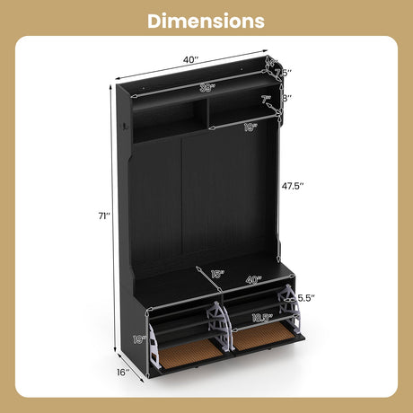 4-In-1 Hall Tree with Coat Rack and Flip Drawers for Entryway Mudroom