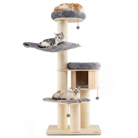 Árbol para gatos de madera de 4 niveles y 68.5 pulgadas, torre de actividades con postes de sisal - Natural