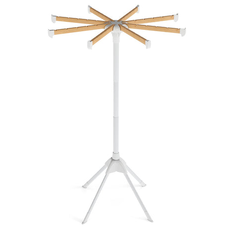 Estante de secado de ropa plegable de 4 patas con 8 varillas de bambú para colgar y 40 ranuras para perchas