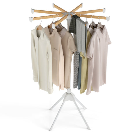 Estante de secado de ropa plegable de 4 patas con 8 varillas de bambú para colgar y 40 ranuras para perchas