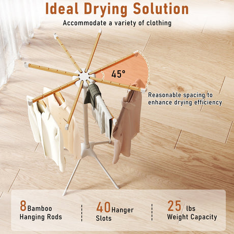 Estante de secado de ropa plegable de 4 patas con 8 varillas de bambú para colgar y 40 ranuras para perchas