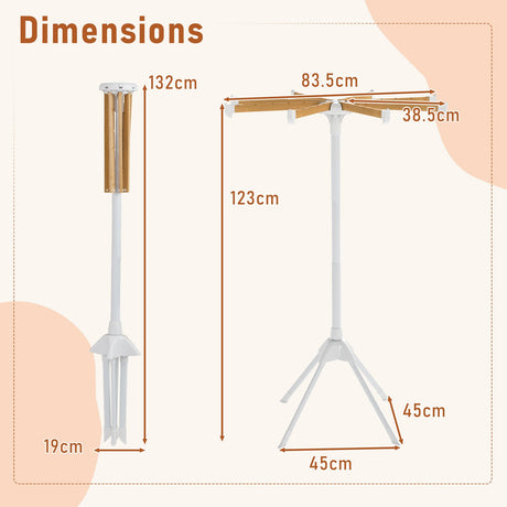 Estante de secado de ropa plegable de 4 patas con 8 varillas de bambú para colgar y 40 ranuras para perchas