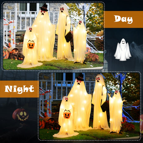 4 PCS Halloween Light up White Cloth Ghost Family with Red and Warm White LED Lights