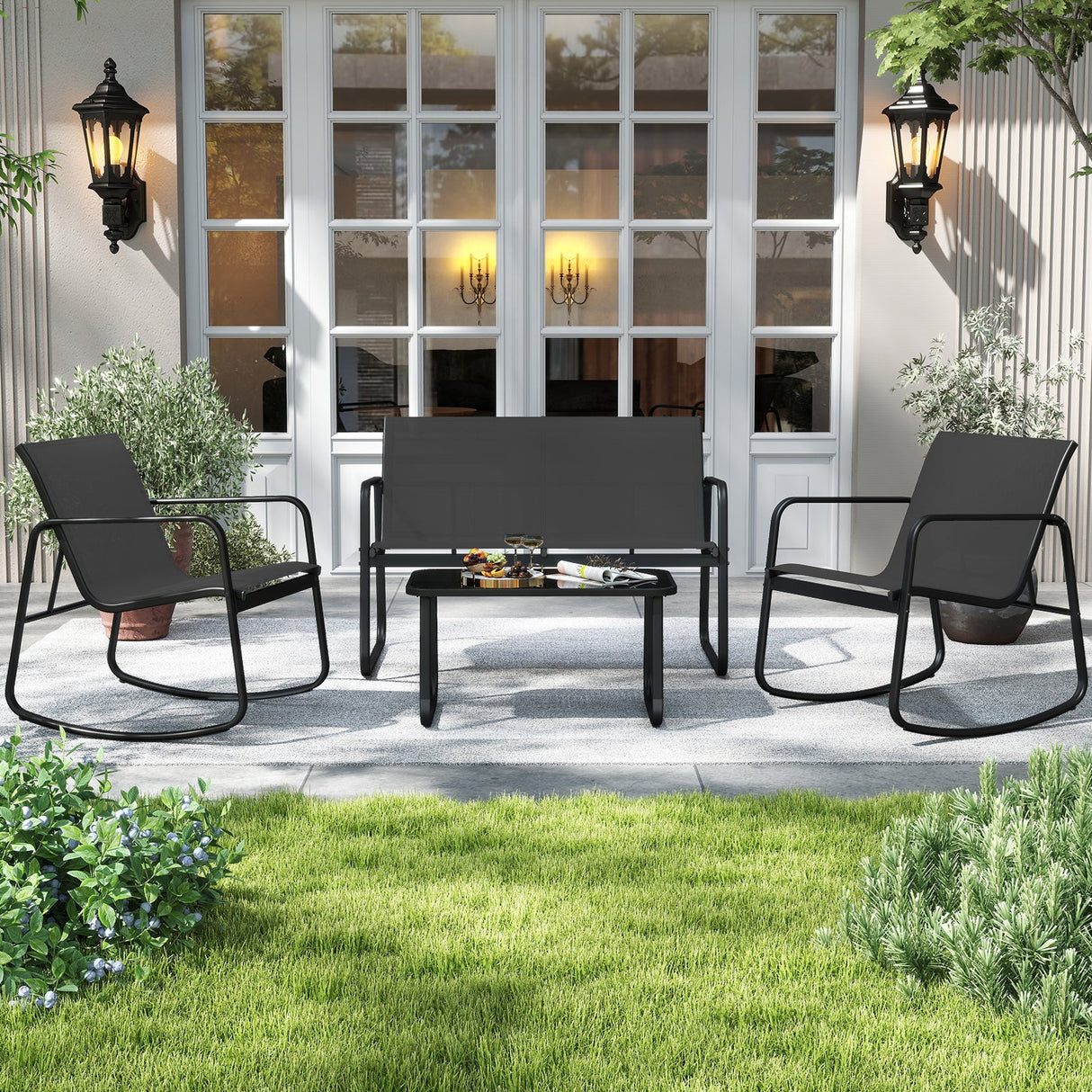 Juego de muebles de patio de 4 piezas, mecedora de exterior, juego de conversación - Negro