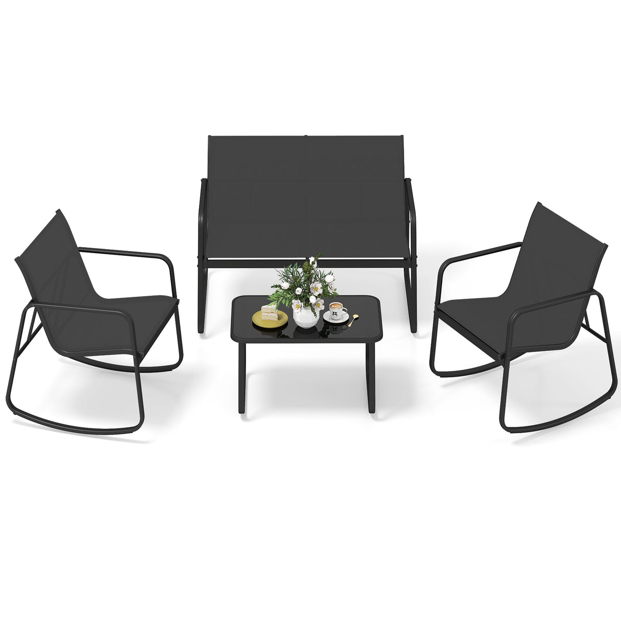 Juego de muebles de patio de 4 piezas, mecedora de exterior, juego de conversación - Negro