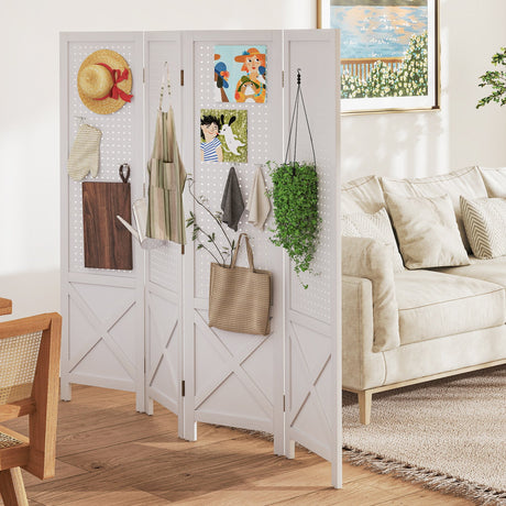 Divisor de ambientes plegable de 4 paneles con expositor de madera maciza para estanterías perforadas - Blanco