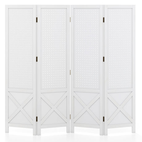 Divisor de ambientes plegable de 4 paneles con expositor de madera maciza para estanterías perforadas - Blanco