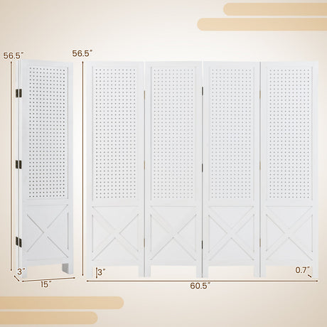 Divisor de ambientes plegable de 4 paneles con expositor de madera maciza para estanterías perforadas - Blanco