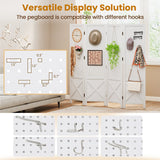 Divisor de ambientes plegable de 4 paneles con expositor de madera maciza para estanterías perforadas - Blanco