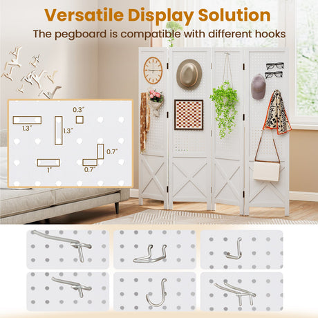 Divisor de ambientes plegable de 4 paneles con expositor de madera maciza para estanterías perforadas - Blanco