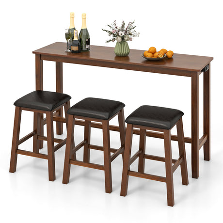 Juego de mesa de bar de 4 piezas con mesa a la altura del mostrador y 3 taburetes de bar tapizados en piel sintética de PVC - Marrón