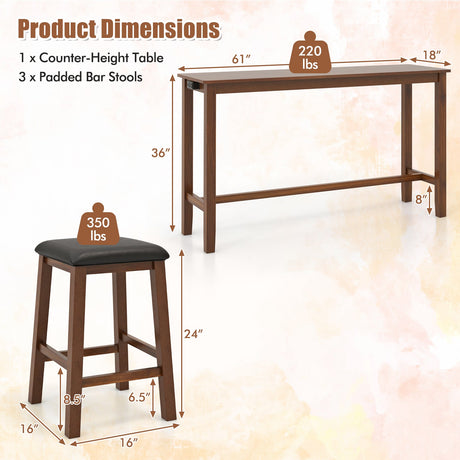 Juego de mesa de bar de 4 piezas con mesa a la altura del mostrador y 3 taburetes de bar tapizados en piel sintética de PVC - Marrón