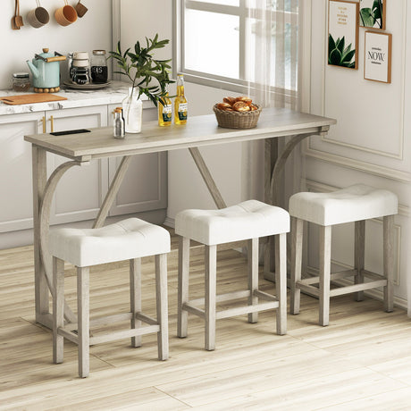 Juego de mesa de bar de 4 piezas con toma de corriente y taburetes tapizados con asiento de silla de montar-Gris y beige