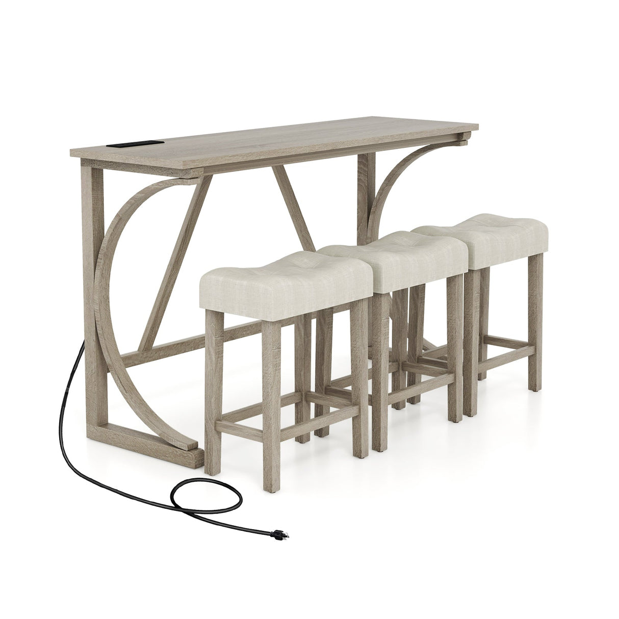 4-Piece Bar Table Set with Power Outlet and Upholstered Saddle Seat Stools-Grey and Beige