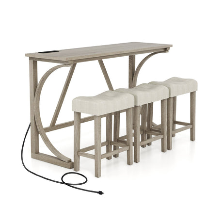 Juego de mesa de bar de 4 piezas con toma de corriente y taburetes tapizados con asiento de silla de montar-Gris y beige