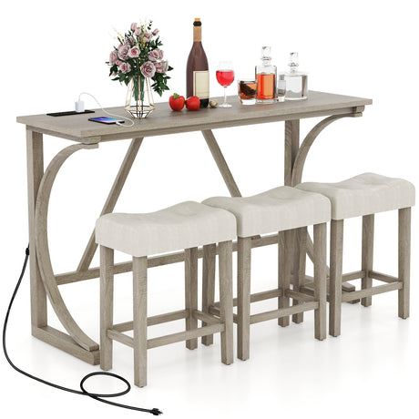 Juego de mesa de bar de 4 piezas con toma de corriente y taburetes tapizados con asiento de silla de montar-Gris y beige