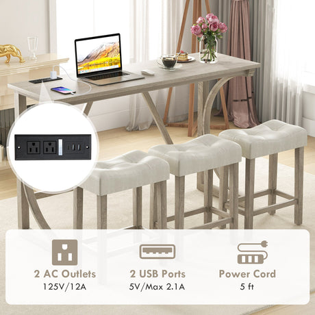 Juego de mesa de bar de 4 piezas con toma de corriente y taburetes tapizados con asiento de silla de montar-Gris y beige