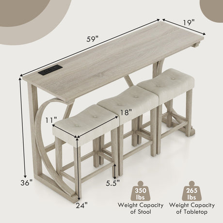 Juego de mesa de bar de 4 piezas con toma de corriente y taburetes tapizados con asiento de silla de montar-Gris y beige