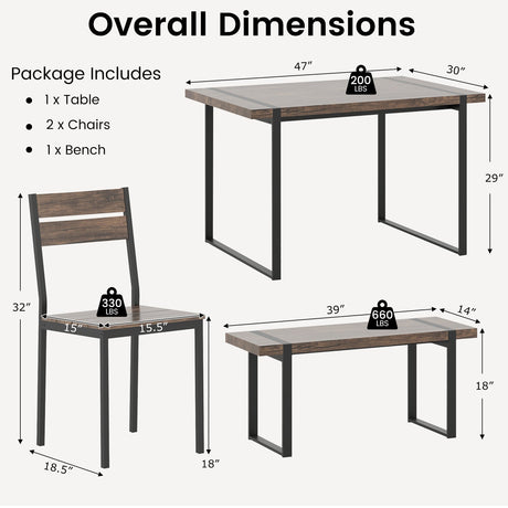Juego de comedor de 4 piezas para 4 personas con 1 banco y 2 sillas - Gris
