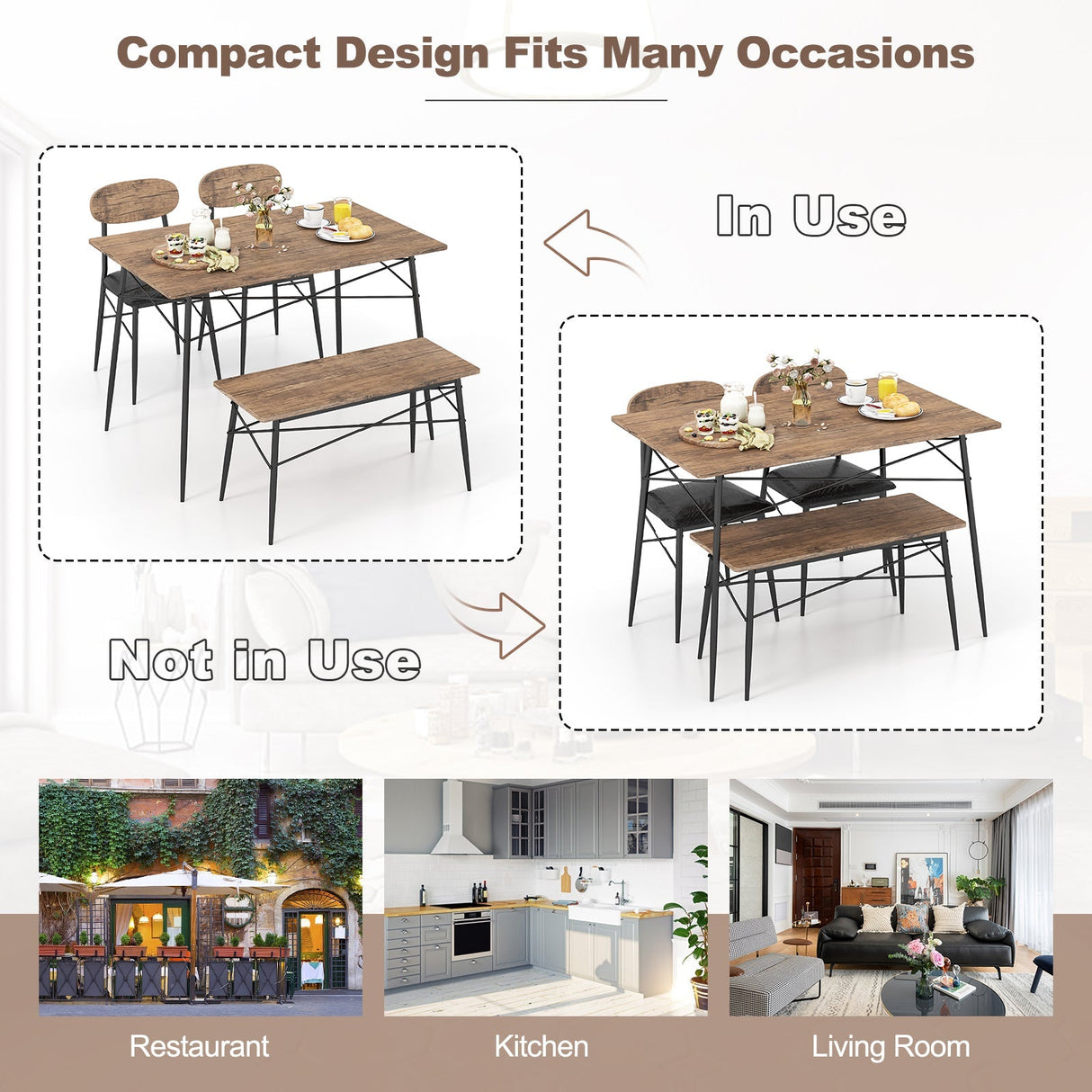 Juego de mesa de comedor de 4 piezas con banco y 2 sillas - Marrón