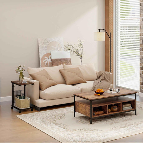 Set de sala industrial de 4 piezas: Mueble de TV con chimenea + Mesa de centro de estilo industrial de 3 niveles + Perchero de pie de 71 pulgadas + Mesa auxiliar ajustable en forma de C para sofá