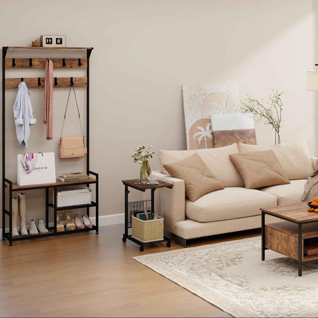 Set de sala industrial de 4 piezas: Mueble de TV con chimenea + Mesa de centro de estilo industrial de 3 niveles + Perchero de pie de 71 pulgadas + Mesa auxiliar ajustable en forma de C para sofá