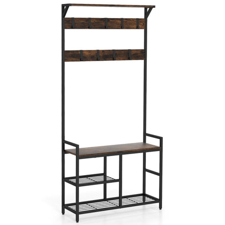 Set de sala industrial de 4 piezas: Mueble de TV con chimenea + Mesa de centro de estilo industrial de 3 niveles + Perchero de pie de 71 pulgadas + Mesa auxiliar ajustable en forma de C para sofá