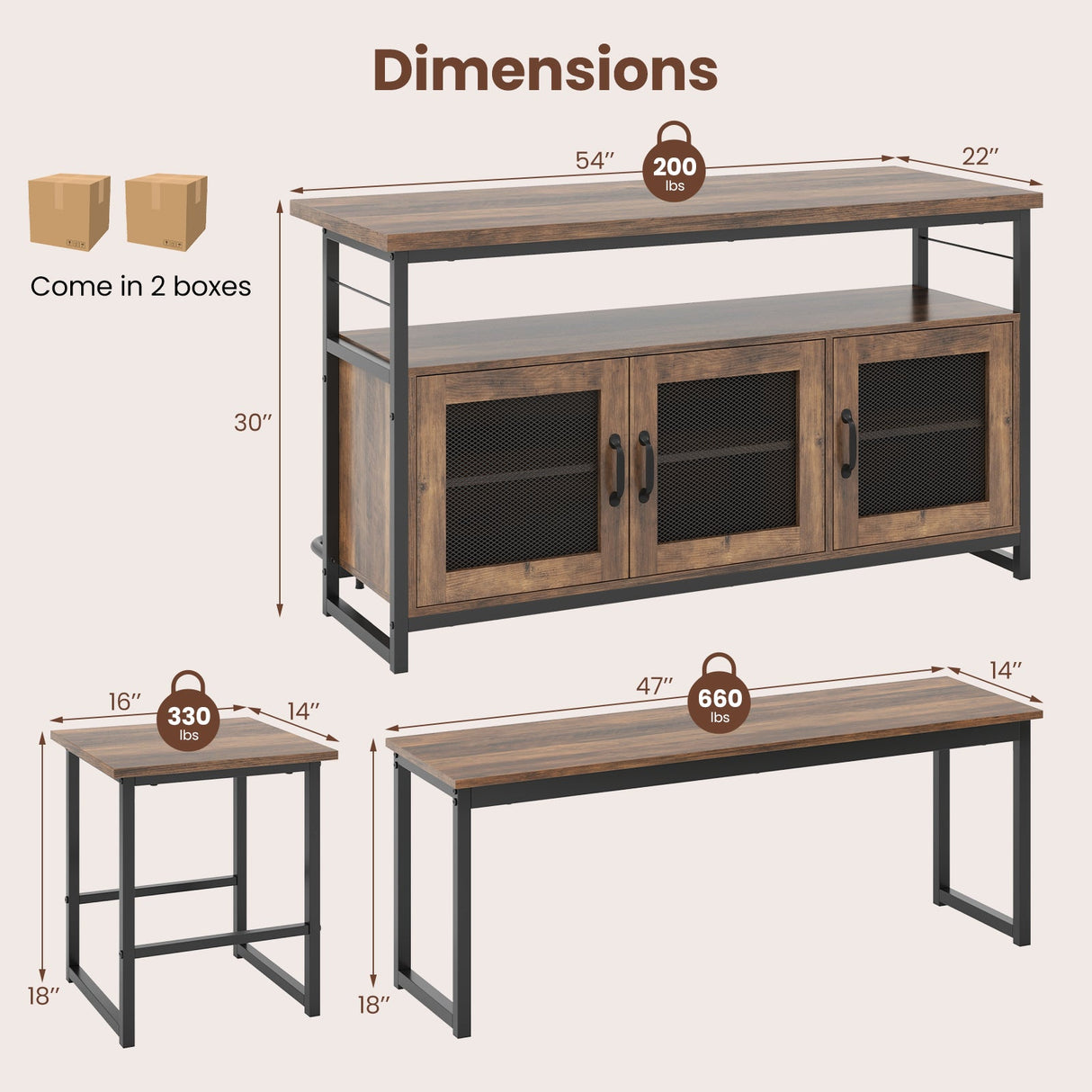Juego de Isla de Cocina de 4 Piezas con Banco y Almacenamiento-Marrón