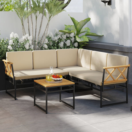 Juego de sofá de patio en forma de L de 4 piezas con cojines y mesa auxiliar - Marrón