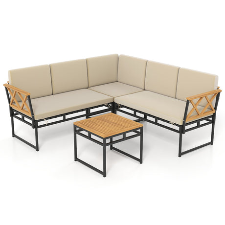 Juego de sofá de patio en forma de L de 4 piezas con cojines y mesa auxiliar - Marrón