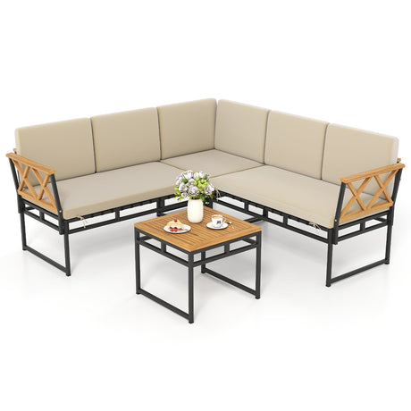 Juego de sofá de patio en forma de L de 4 piezas con cojines y mesa auxiliar - Marrón